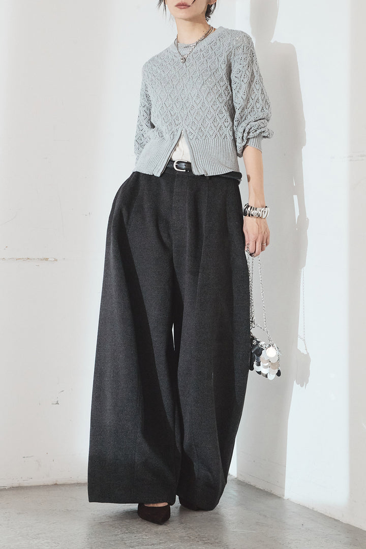 [SET]透かし編みニットジップスリットプルオーバー+ウールタッチカーブワイドパンツ(2set)