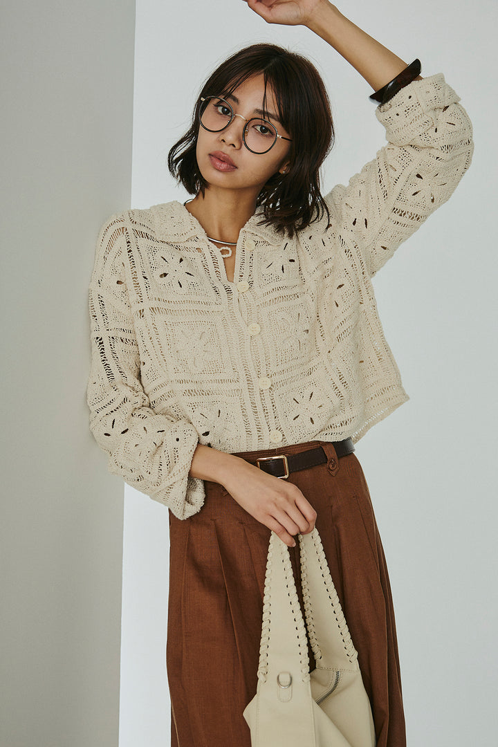 [SET]鍵編みフラワーレースカーディガン+タック入りワイドパンツ(2set)