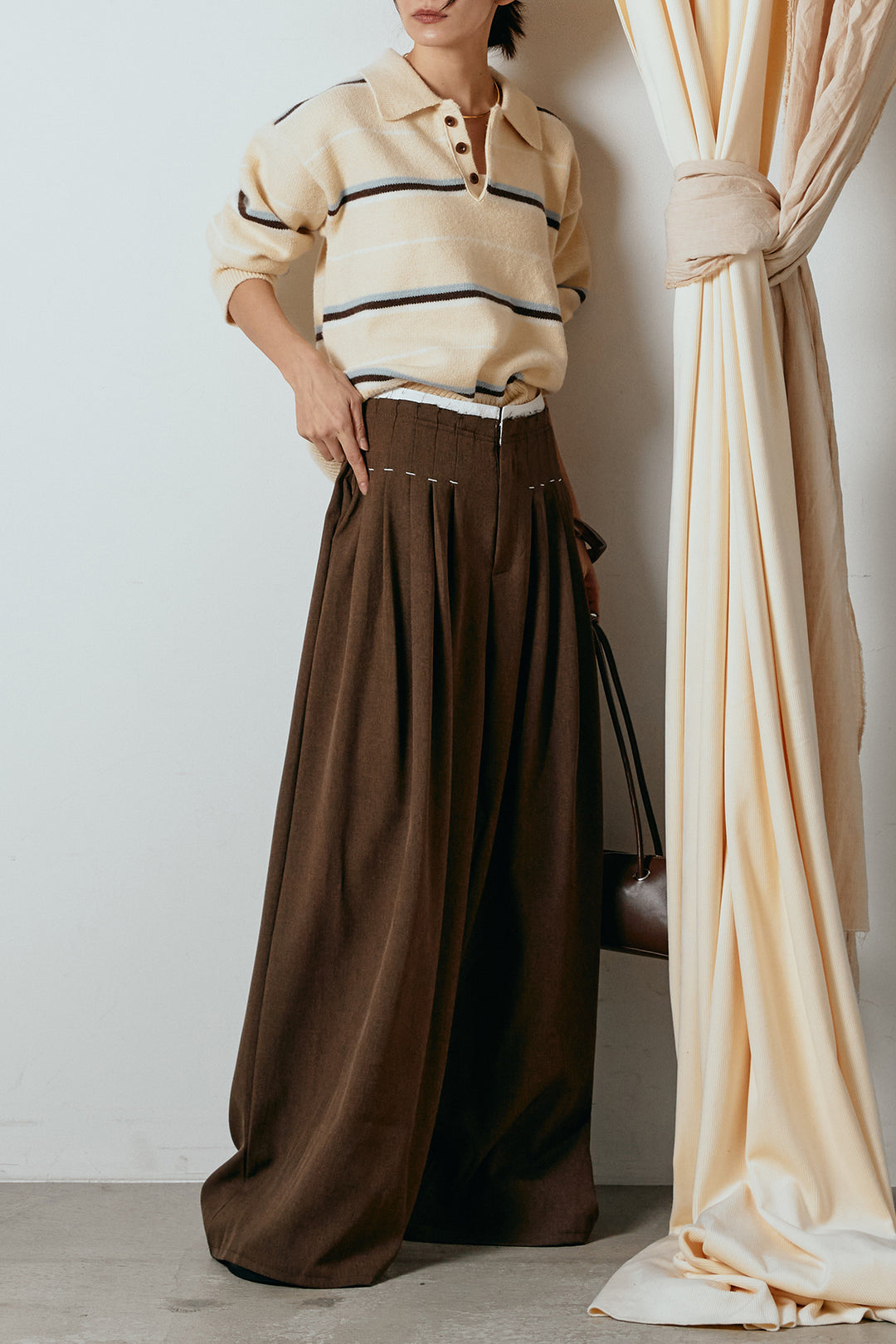 [SET]襟付きマルチボーダーニットポロトップス+ウエストステッチデザインワイドスラックス(2set)