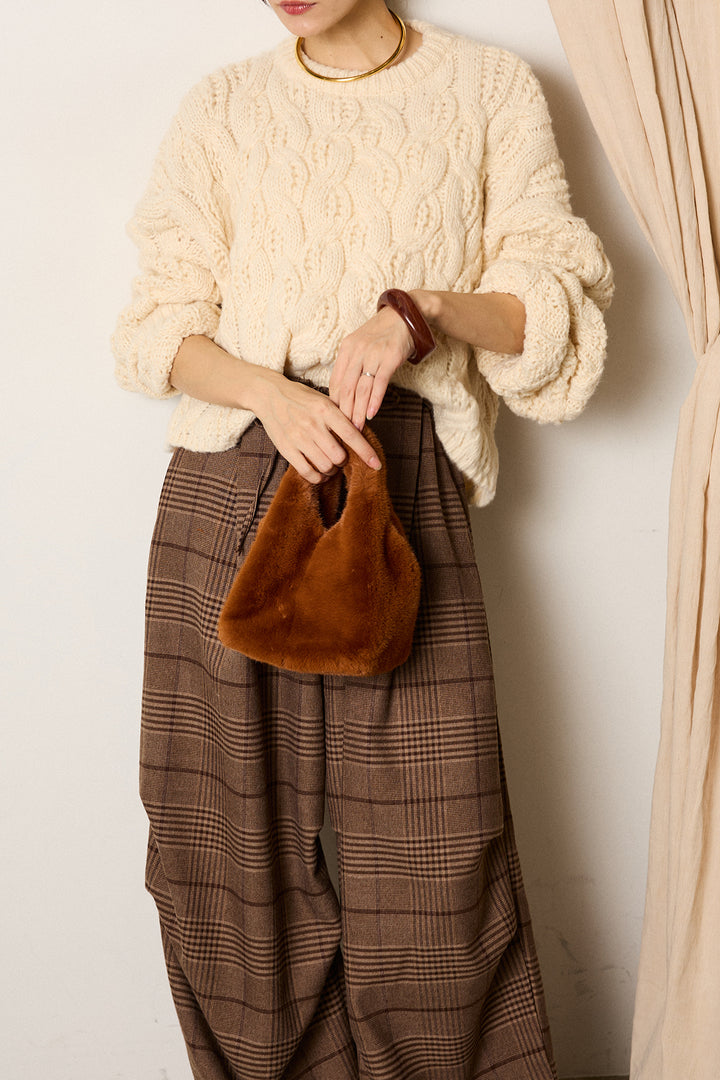 [SET]ケーブルリラックスショートニット+グレンチェックルーズタックパンツ(2set)