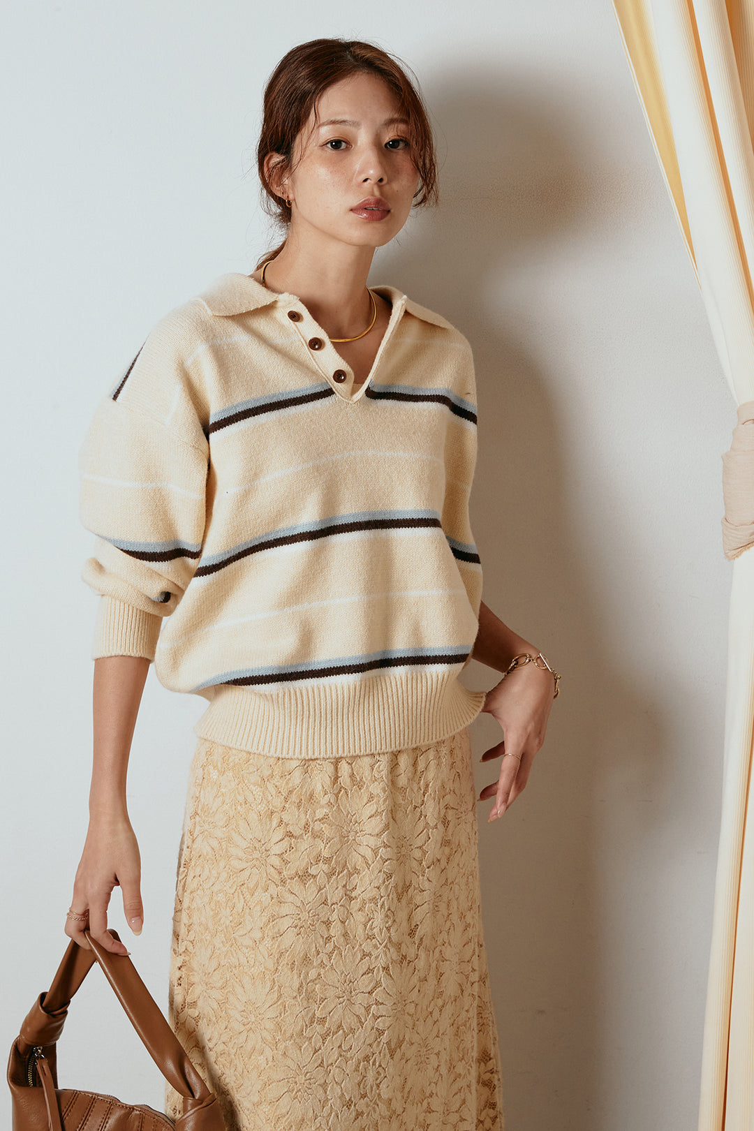 [SET]襟付きマルチボーダーニットポロトップス+花柄刺繍ベロアフレアスカート(2set)