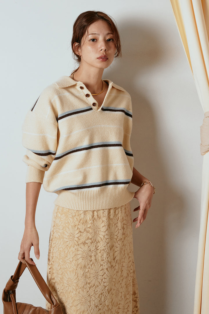 [SET]襟付きマルチボーダーニットポロトップス+花柄刺繍ベロアフレアスカート(2set)