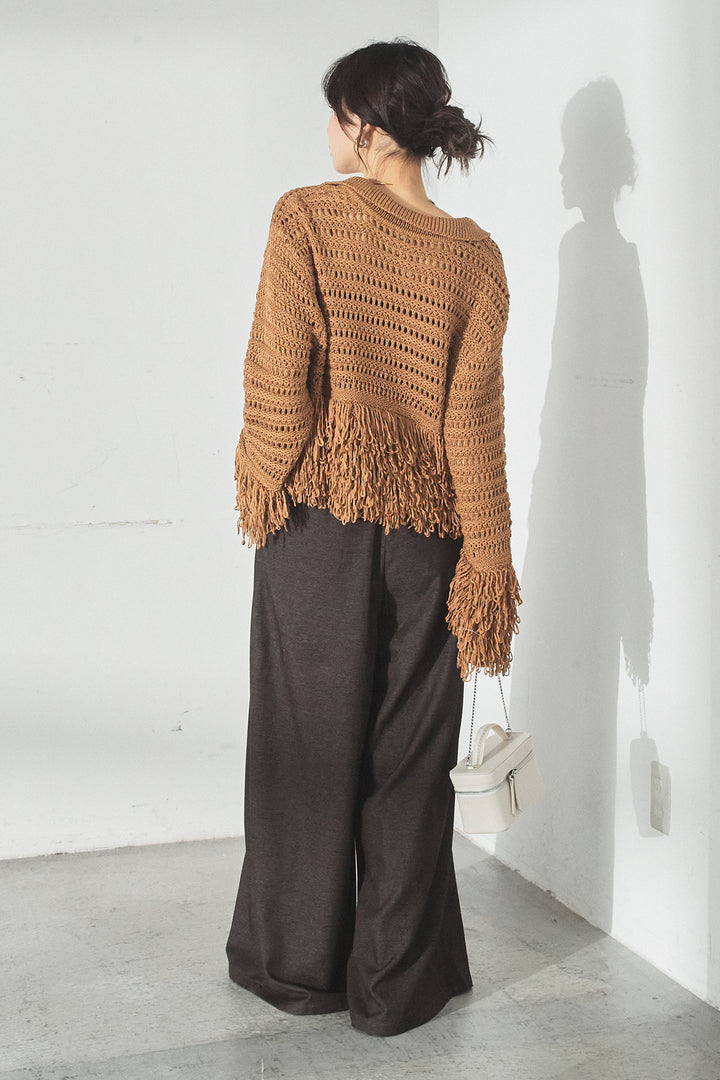 [SET]メッシュフリンジカーディガン+編みベルト付きウエストタックワイドパンツ(2set)