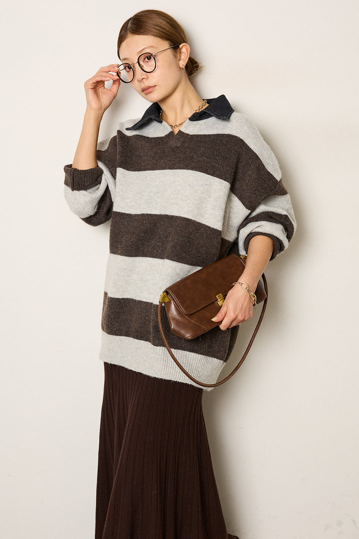 [SET]デニムカラーボーダールーズニット+編み地切り替えフレアニットスカート(2set)