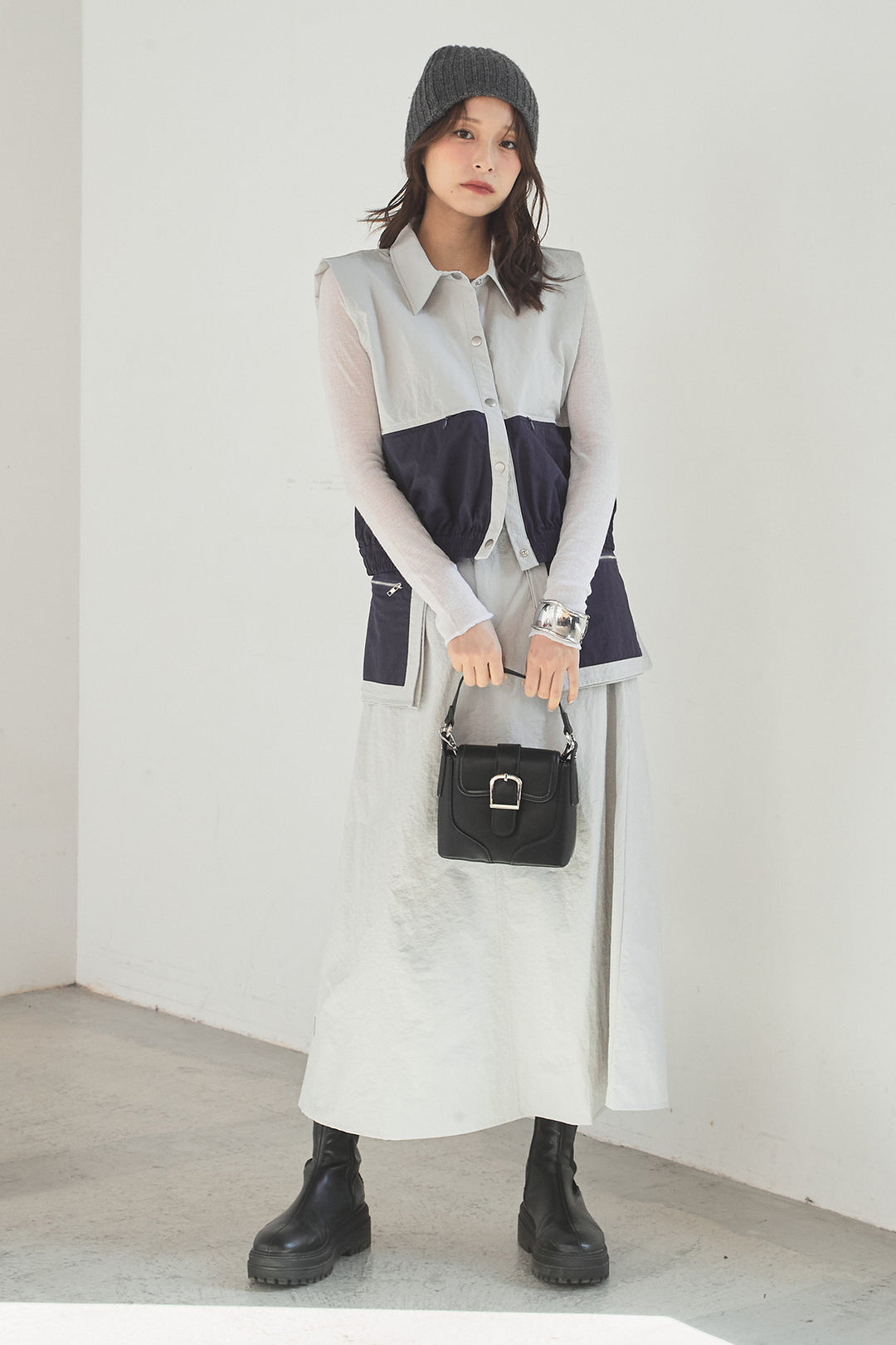 [SET]襟付きナイロンベスト+サイドデザインナイロンスカート(2set)