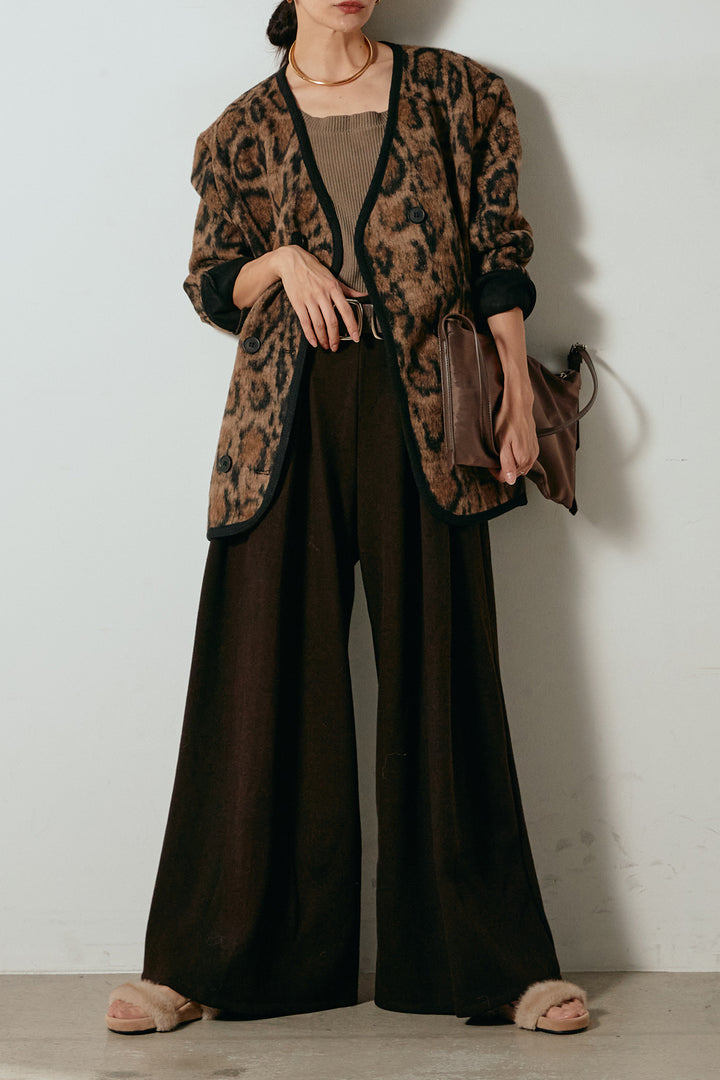 [SET]ノーカラーレオパード柄アウター+フェイクレザー太ベルト付きタックワイドパンツ(2set)