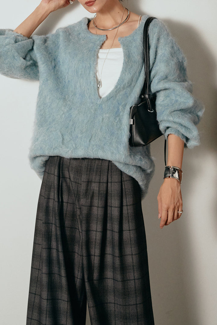 [SET]ミックスシャギー深Vニット+タック入りタータンチェックワイドパンツ(2set)