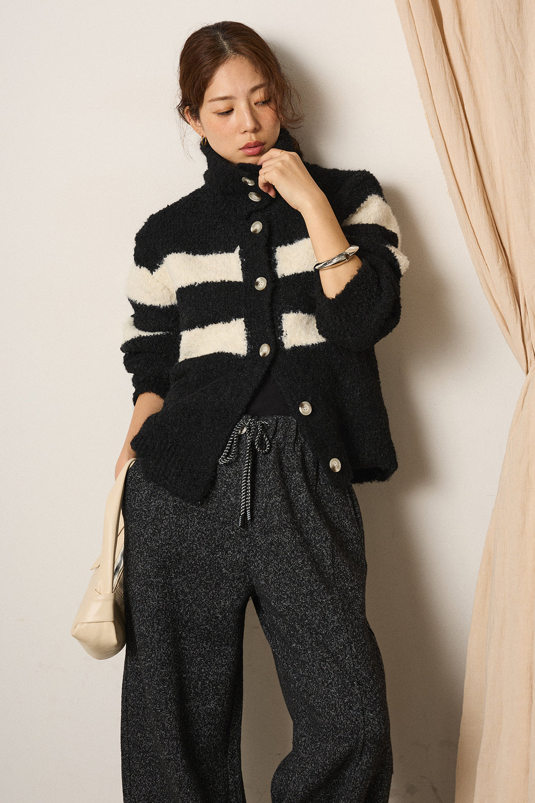 [SET]ハイネックボーダーニットカーディガン+杢ニットフレアパンツ(2set)