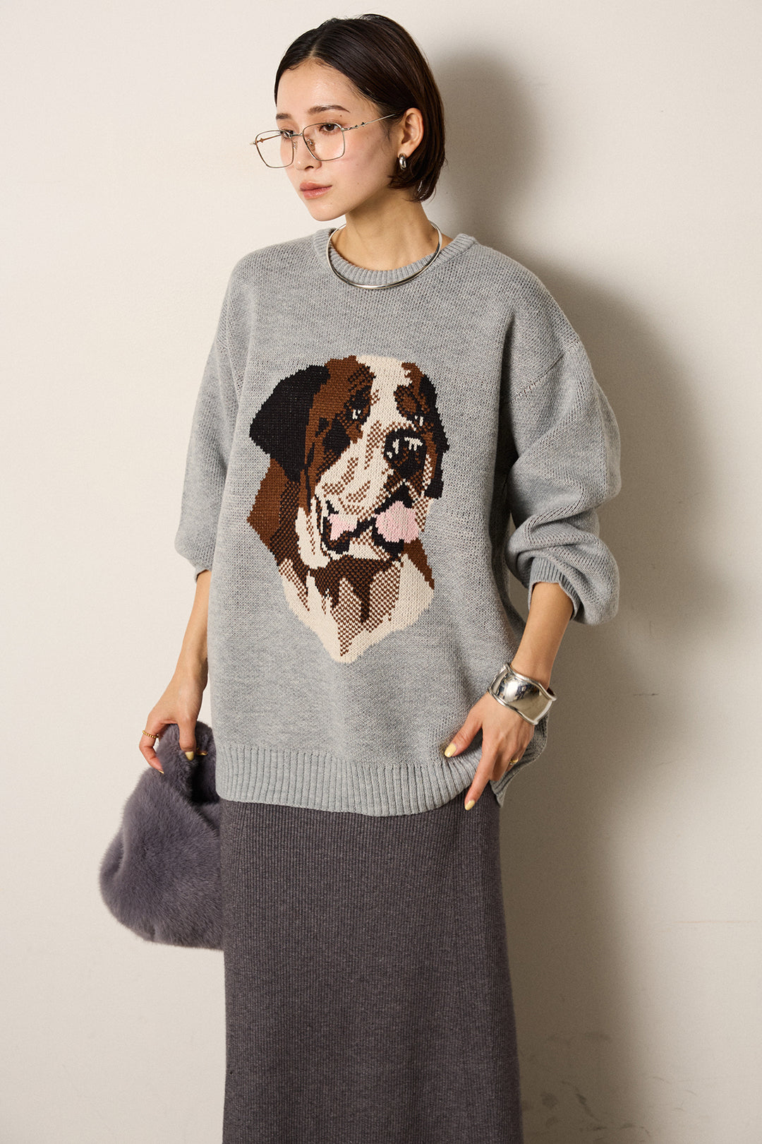 [SET]アニマルジャガード柄ニットトップス+リブナローニットスカート(2set)