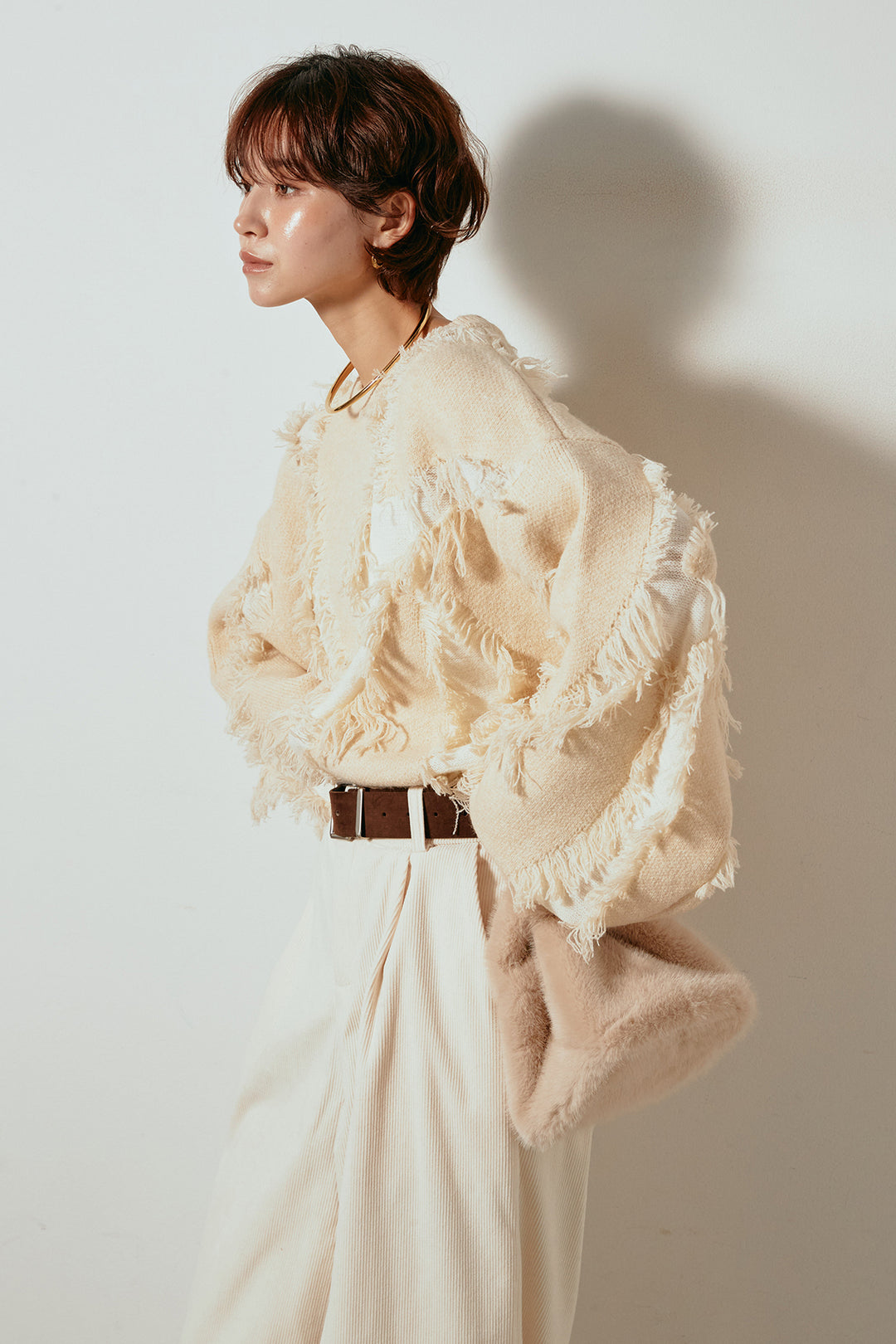 [SET]シャギージャガードニットトップス+太ベルト付きコーデュロイタックパンツ(2set)