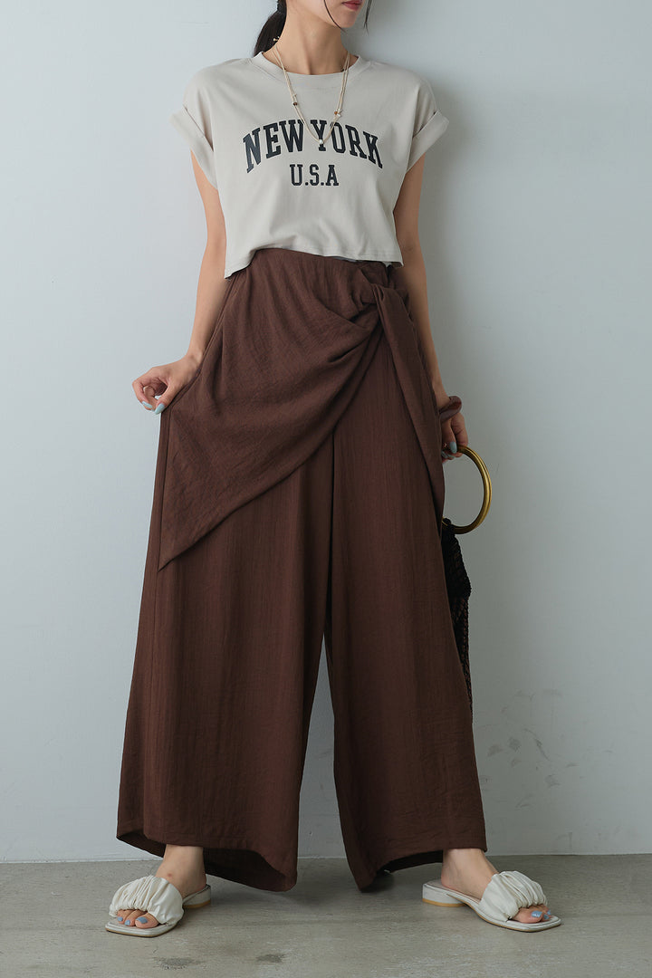 [SET]ショート丈NEWYORKロゴTシャツ+ねじりデザインワイドパンツ(2set)