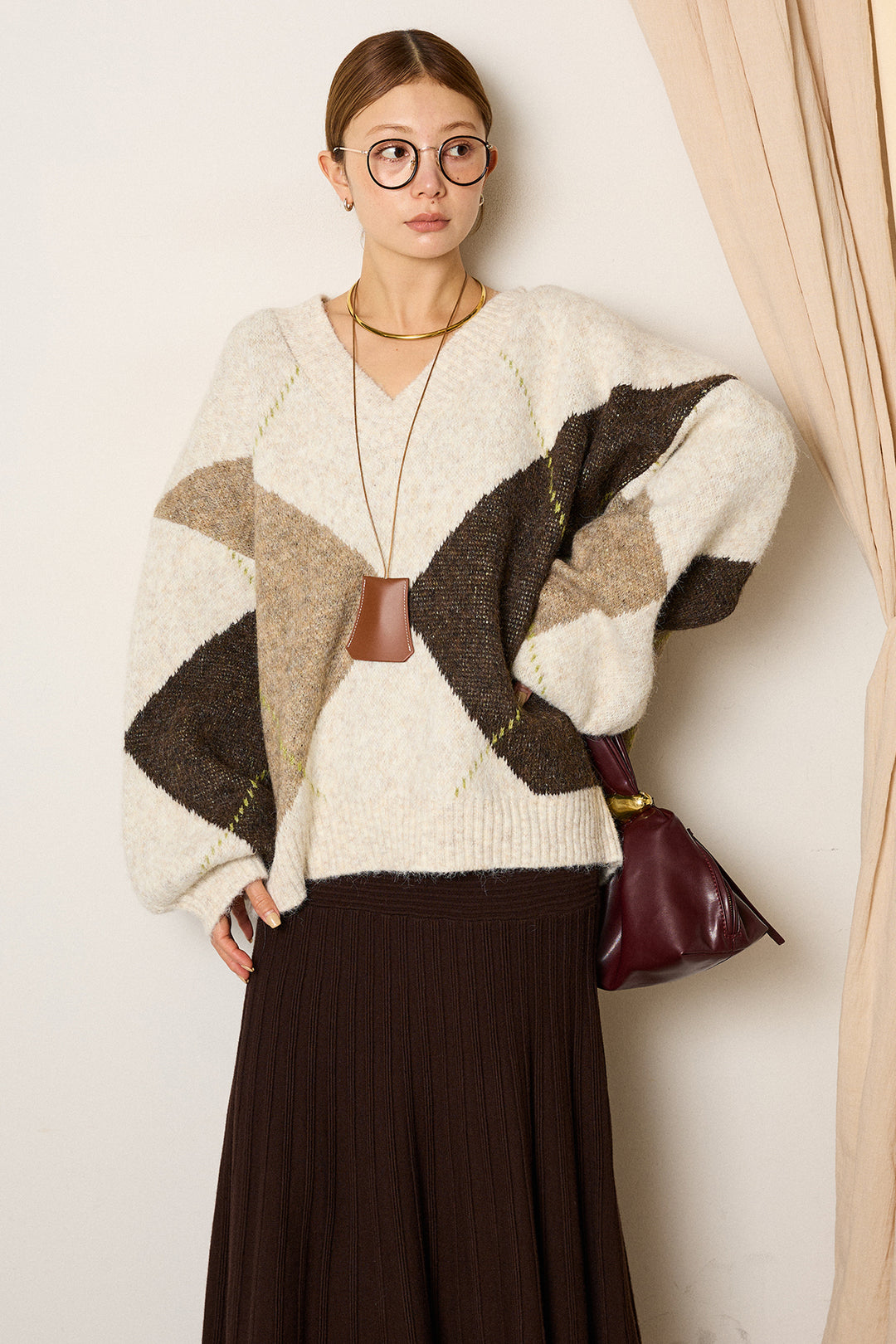 【着回しセット】[SET]ルーズアーガイルVネックニット+ルーズアーガイルVネックニット+編み地切り替えフレアニットスカート(3set)