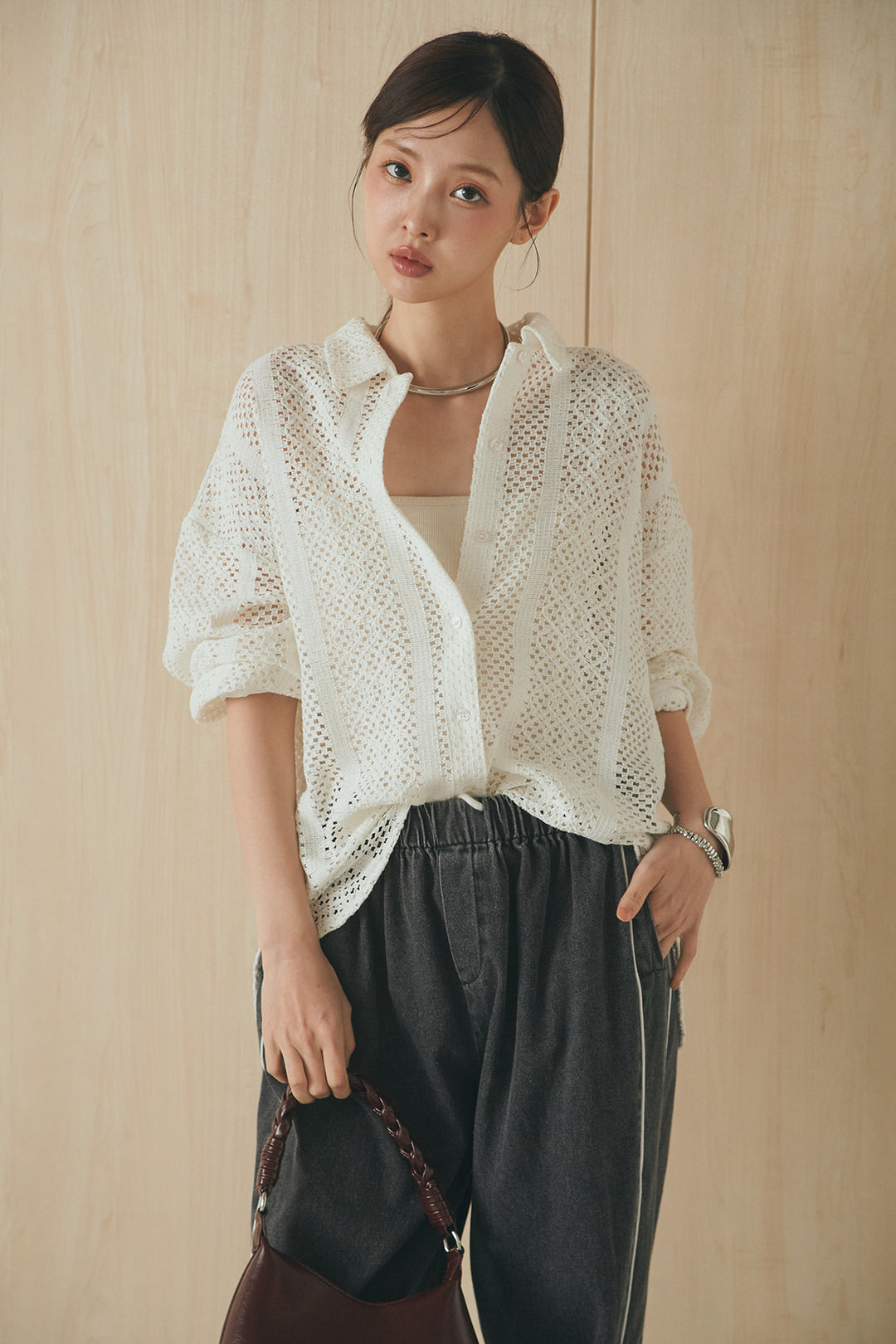 [SET]長袖襟付きレースシャツ+ドロストサイドラインデニムパンツ(2set)