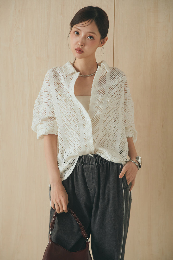[SET]長袖襟付きレースシャツ+ドロストサイドラインデニムパンツ(2set)