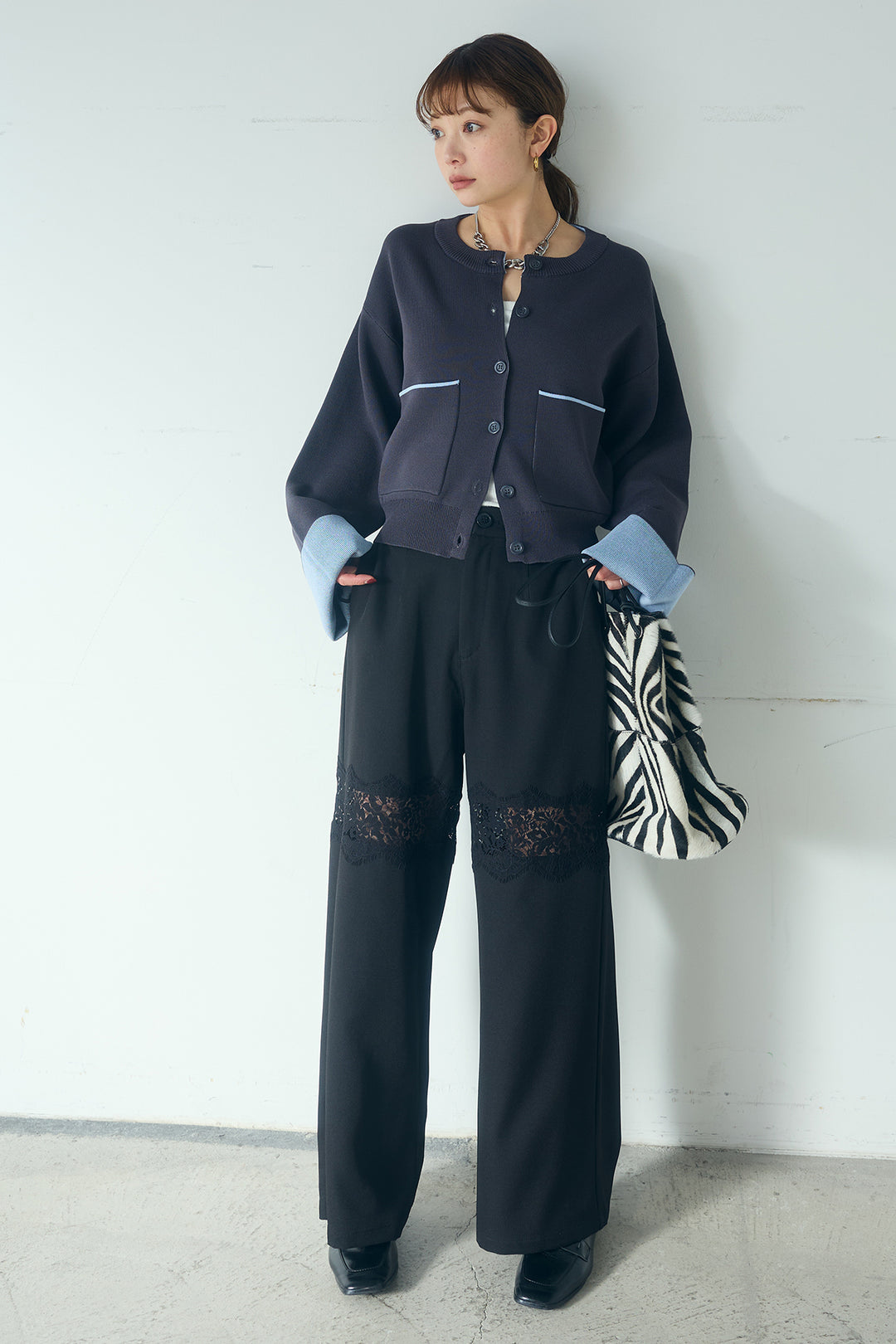 [SET]レーヨンポリダブルフェイスカーディガン+レース刺繍切替ワイドパンツ(2set)