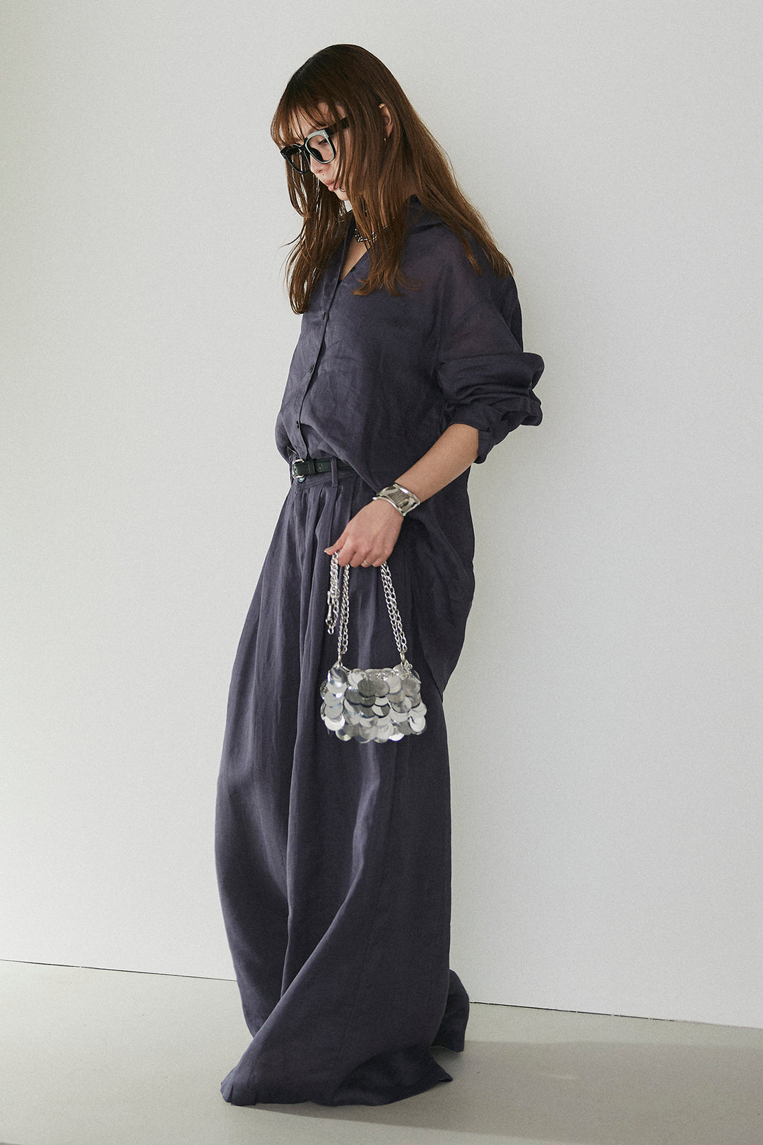 [SET]リラックスシアーシャツ+細ベルト付きシアーワイドパンツ(2set)