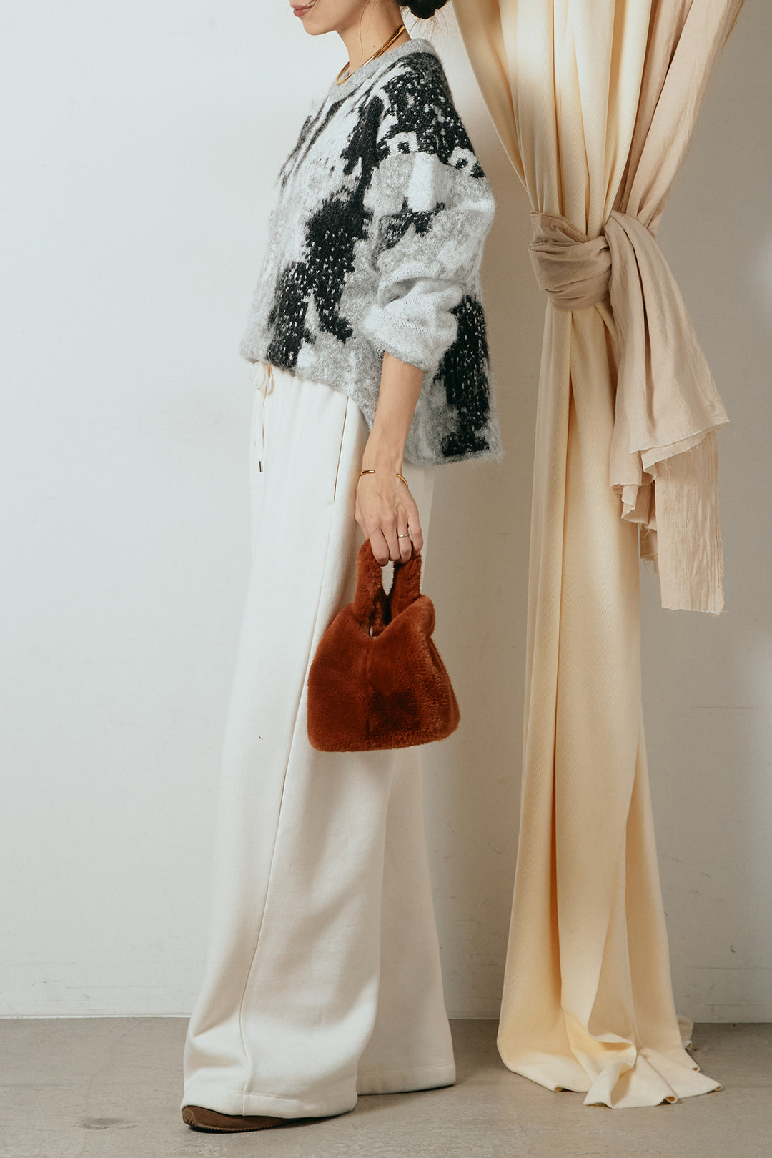 [SET]起毛ニュアンス柄ニットプルオーバー+裏起毛スウェットワイドパンツ(2set)