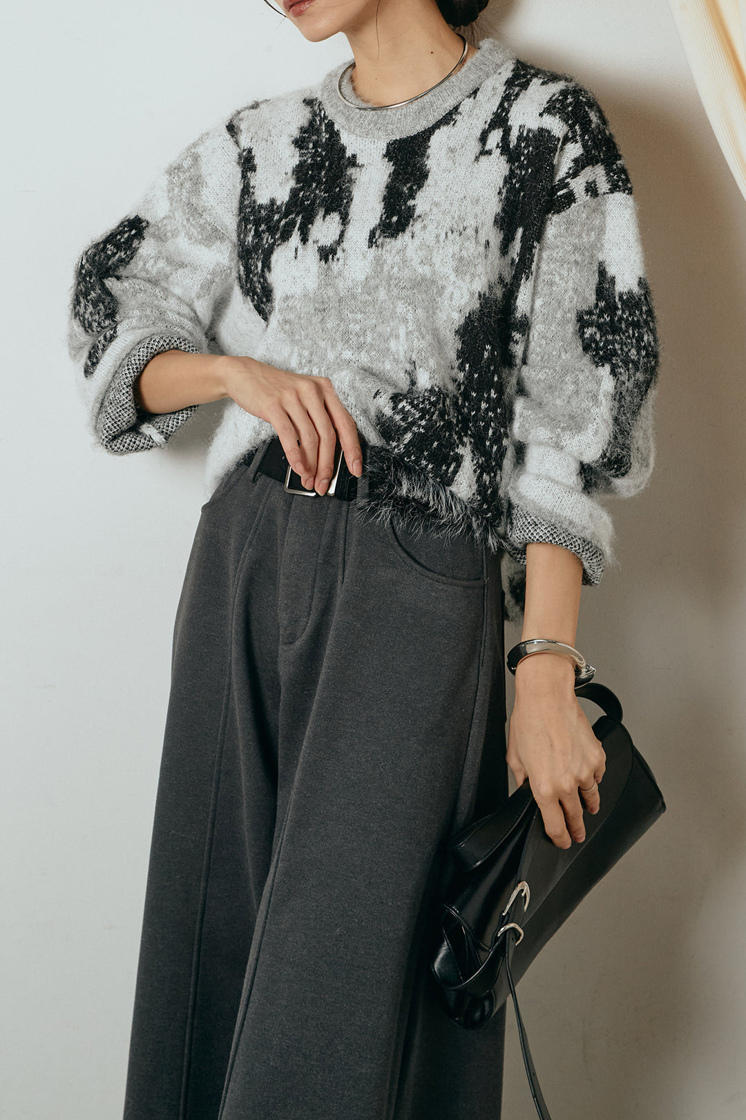 [SET]起毛ニュアンス柄ニットプルオーバー+ファーベルト付きワイドパンツ(2set)