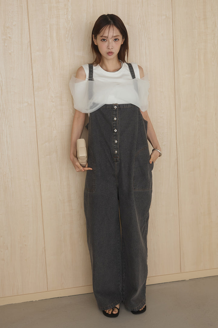 [SET]シアーレイヤーデザインカットソー+フロントボタンデニムサロペット(2set)