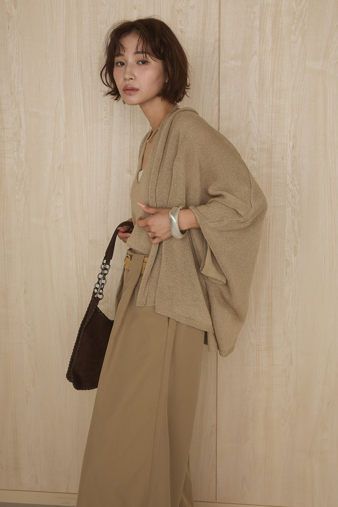 [SET]オーバードルマンカーディガン+ホルターネックインナー+ベルトループデザインハイウエストタックパンツ(3set)