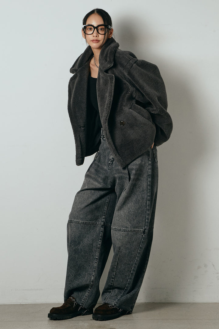 【2月中旬発送】
[SET]テディボアショートジャケット+加工デニムタックコクーンワイドパンツ(2set)