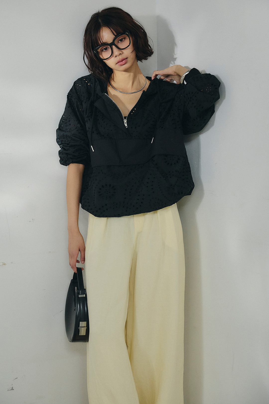 [SET]レースハーフジップアップフーディー+リネン混タックストレートワイドパンツ(2set)