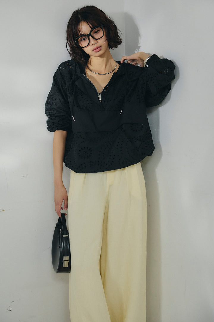 [SET]レースハーフジップアップフーディー+リネン混タックストレートワイドパンツ(2set)