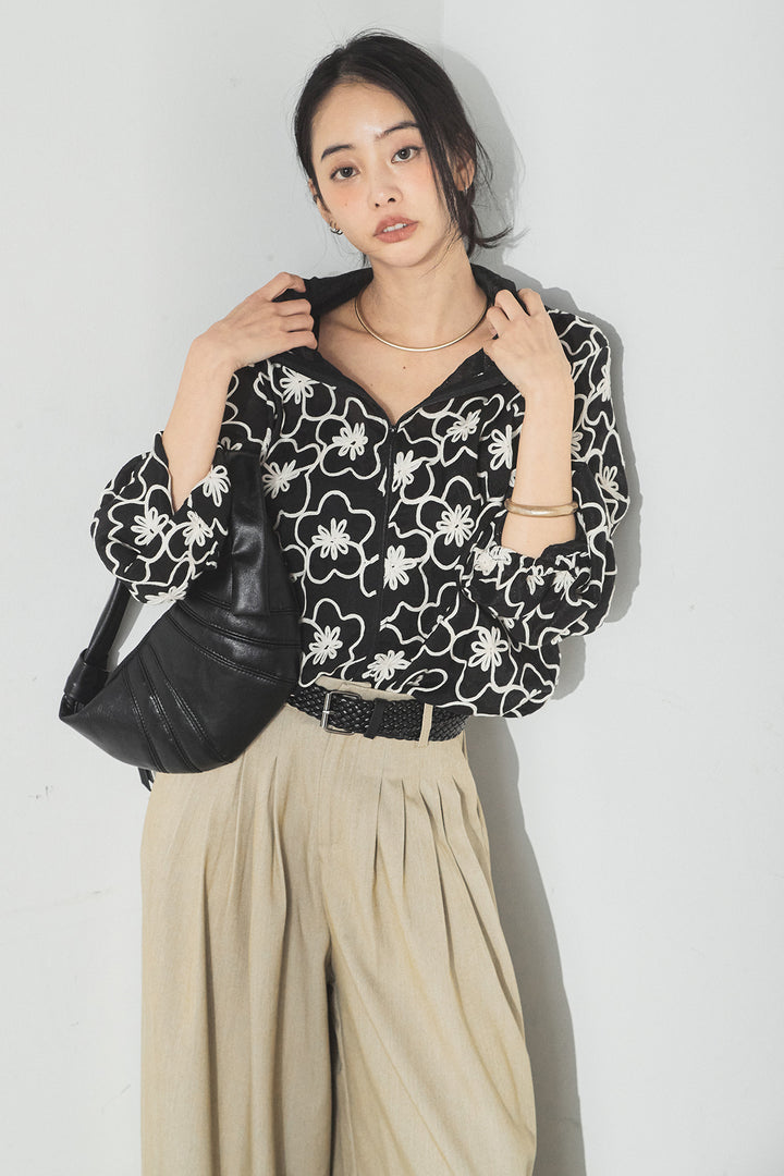 [SET]シアーフラワーフードブルゾン+編みベルト付きウエストタックワイドパンツ(2set)