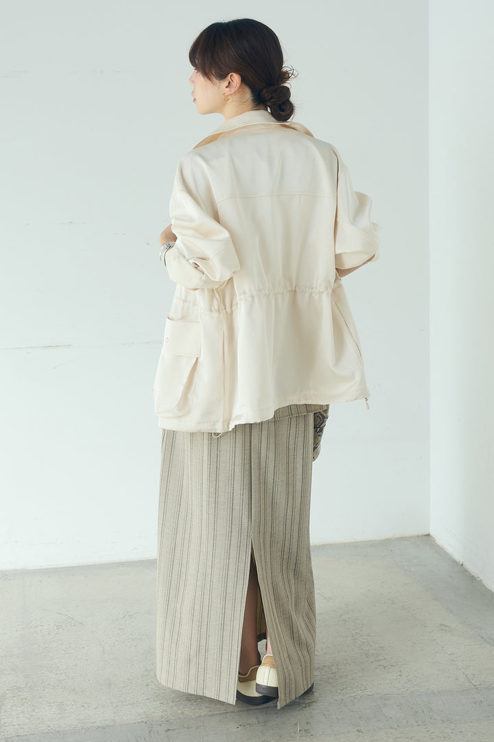 [SET]サテンライトブルゾン+ラップ巻きピンストライプワイドスカート(2set)