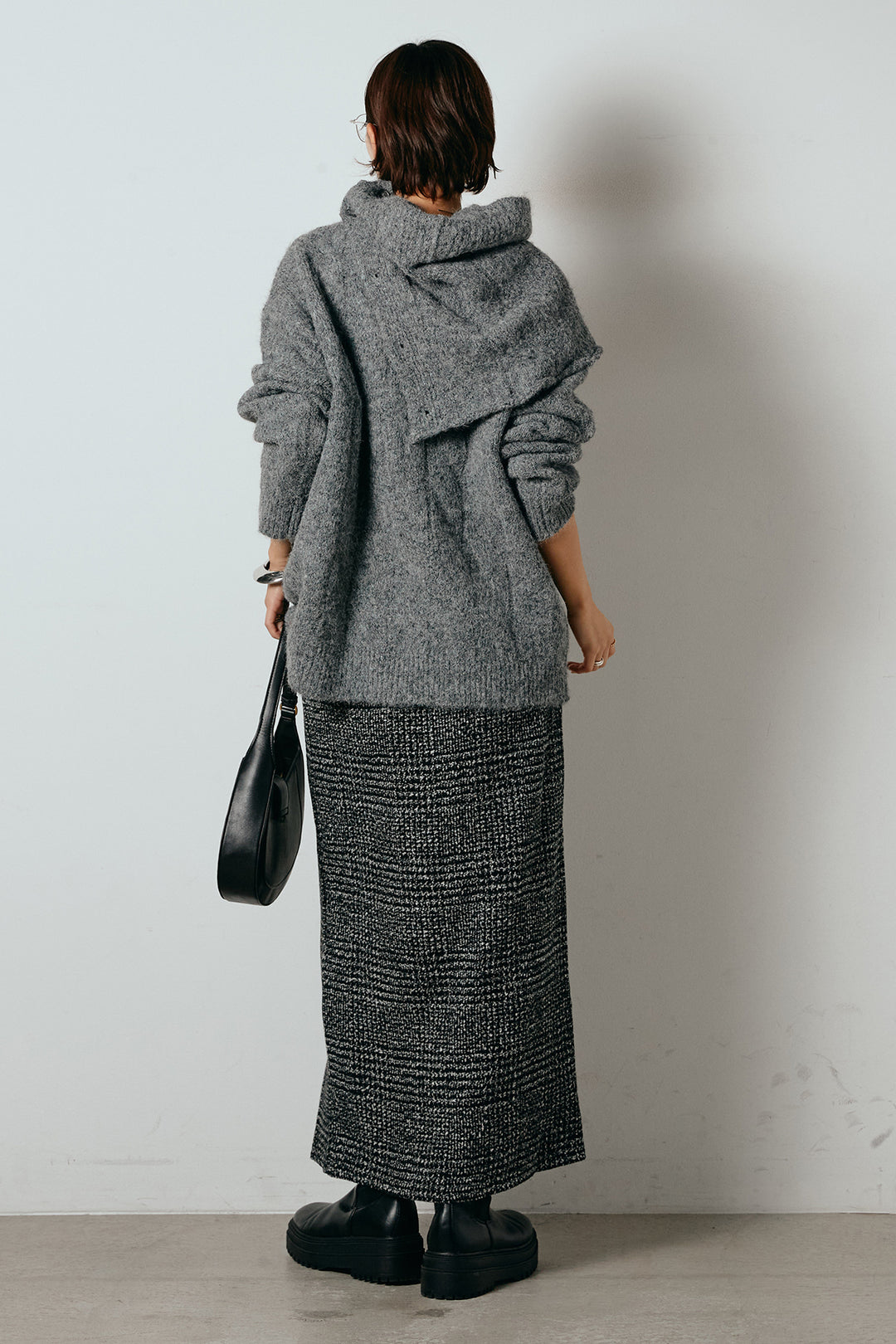 [SET]ケープデザインケーブルニットトップス+グレンチェック柄フロントジップタイトスカート(2set)