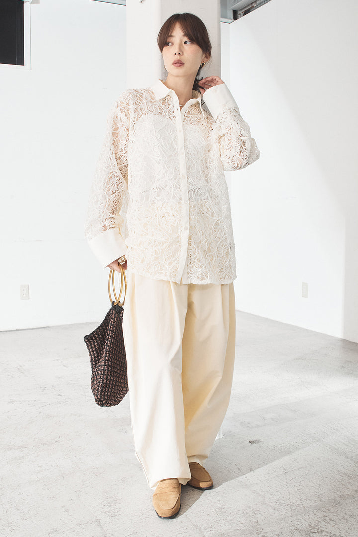 [SET]刺繍レースオーバーサイズシャツ+合繊ツイルパイピングタックカーブパンツ(2set)