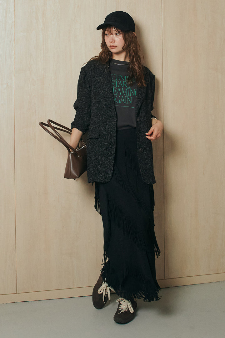 [SET]ミックスツイードベルト付きジャケット+斜めフリンジデザインスカート(2set)