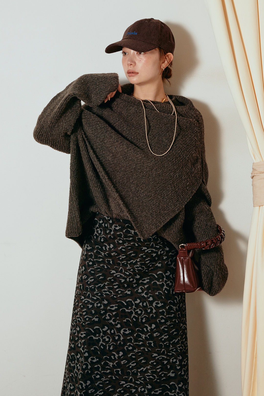 [SET]ケープデザインリブニットトップス+レオパードロングスカート(2set)