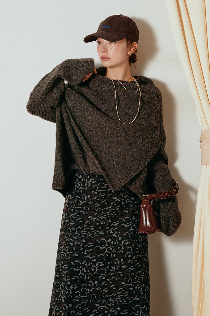 [SET]ケープデザインリブニットトップス+レオパードロングスカート(2set)