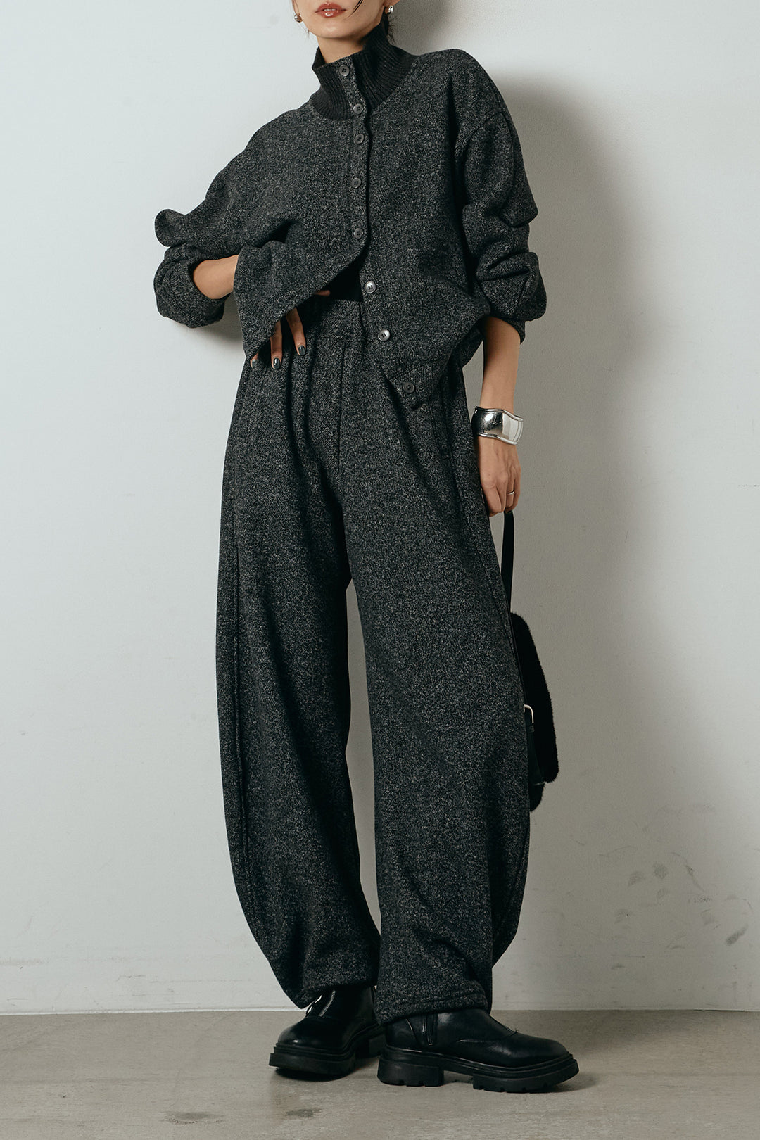 [SET]リブスタンドネックボタントップスSETUP