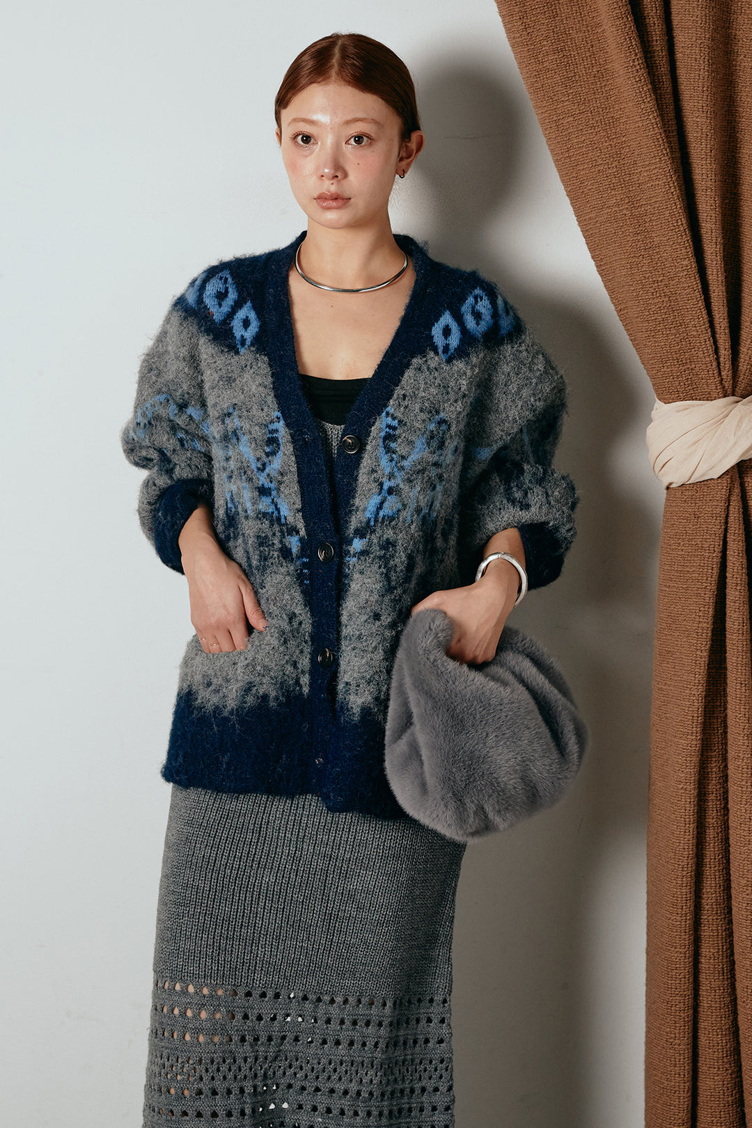 [SET]シャギーニュアンス柄ニットカーディガン+裾透かし編みキャミソールニットワンピース(2set)