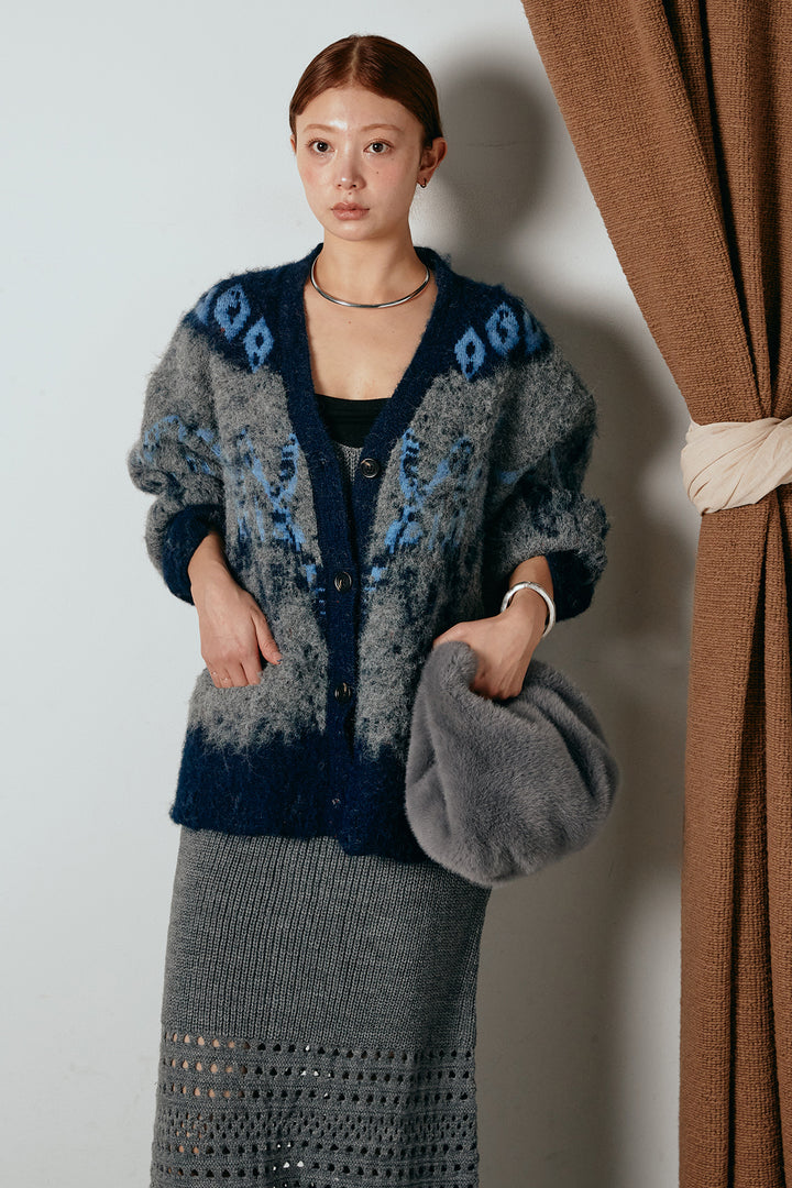 [SET]シャギーニュアンス柄ニットカーディガン+裾透かし編みキャミソールニットワンピース(2set)