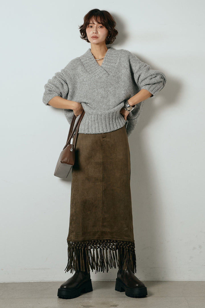 [SET]Vネックラメニットトップス+スウェードライク裾フリンジスカート(2set)
