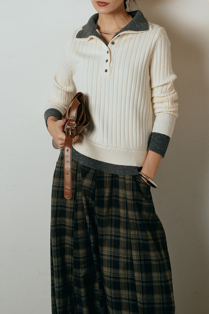 [SET]レイヤード風リブニットトップス+ベルト付きタータンチェックカーブワイドパンツ(2set)