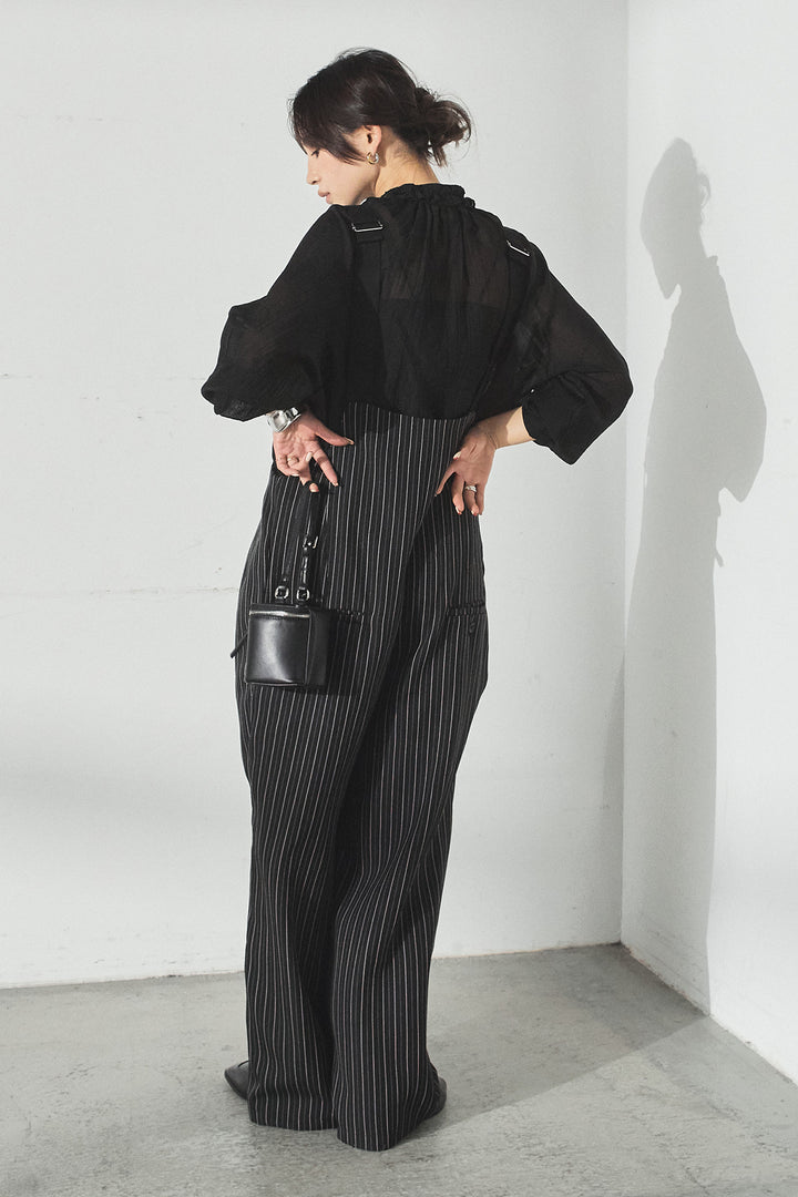 [SET]フロントリボンフリルブラウス+ピンストライプツータックサロペット(2set)