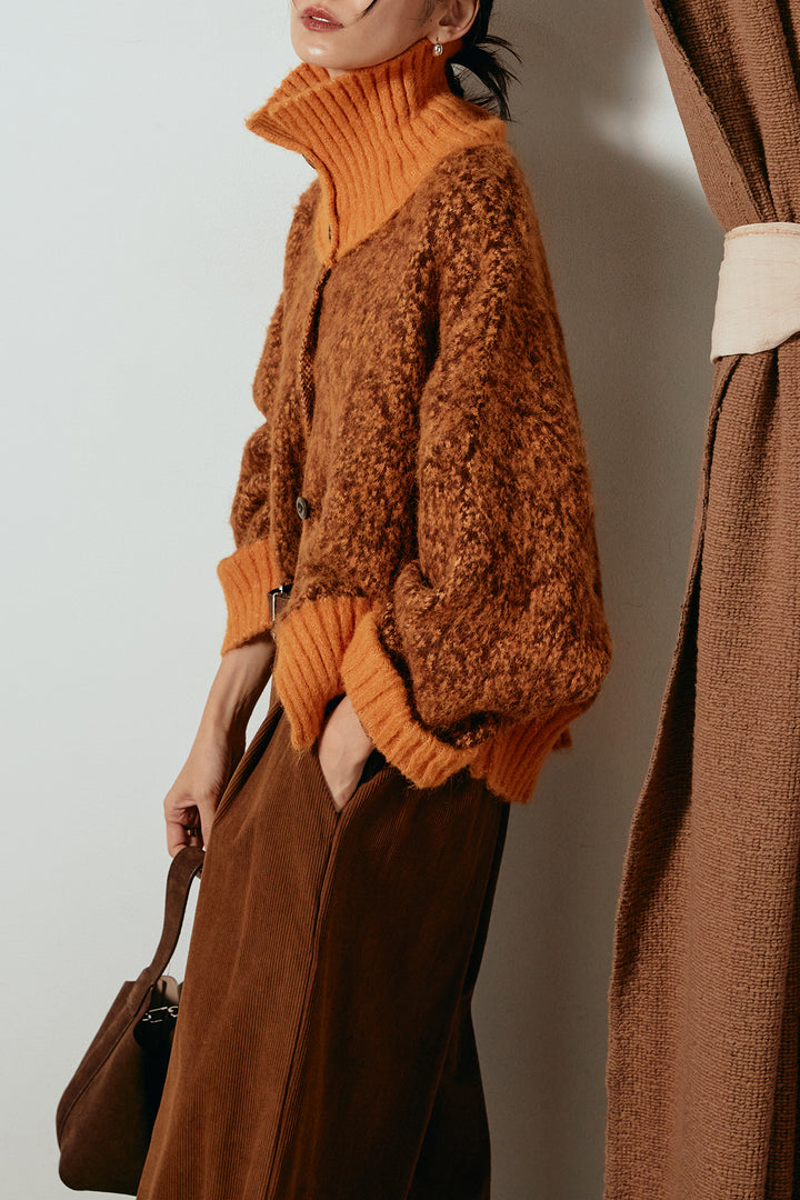 [SET]ハイネックミックスニットトップス+太ベルト付きコーデュロイタックパンツ(2set)