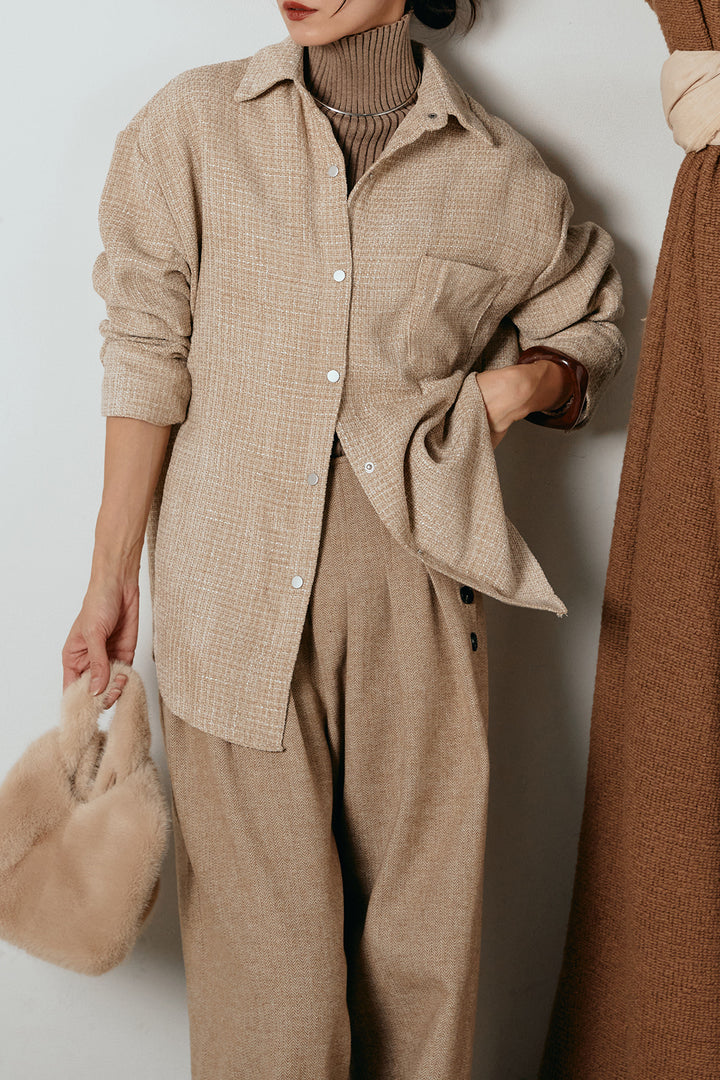 [SET]ルーズクラッシュツイルシャツ+サイドボタンツイードタックパンツ(2set)