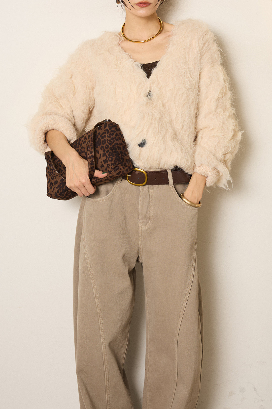 [SET]起毛シャギーニットカーディガン+ベルト付きカジュアルカーブワイドパンツ(2set)