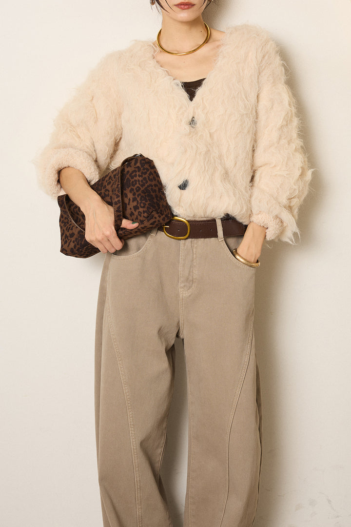 [SET]起毛シャギーニットカーディガン+ベルト付きカジュアルカーブワイドパンツ(2set)