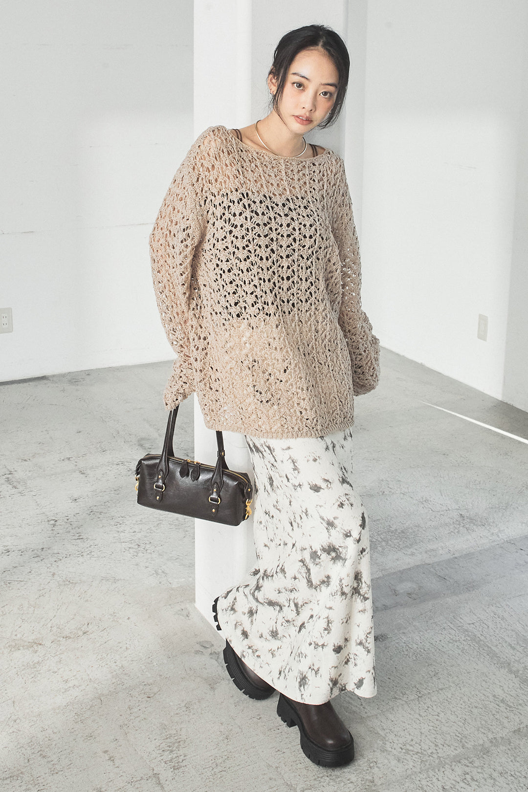 [SET]リラックスメッシュニットトップス+タイダイ柄ベロアワイドスカート(2set)