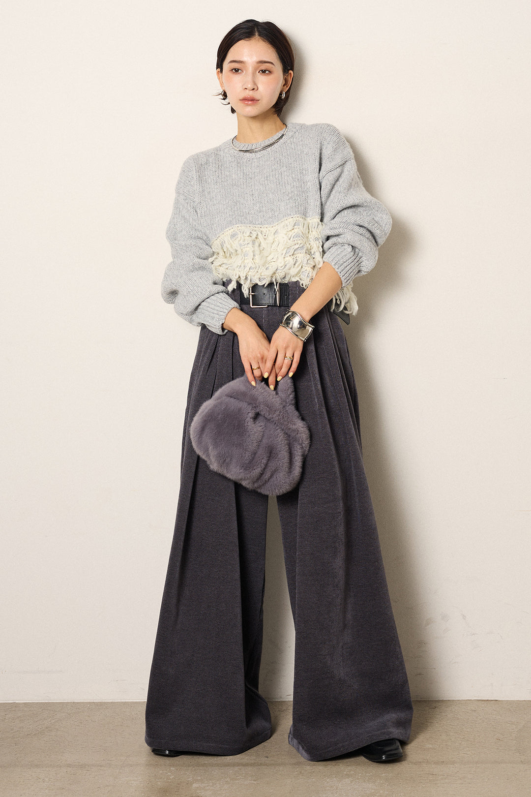 [SET]ループ編み切り替えニットプルオーバー+ベルトループコーデュロイワイドパンツ(2set)