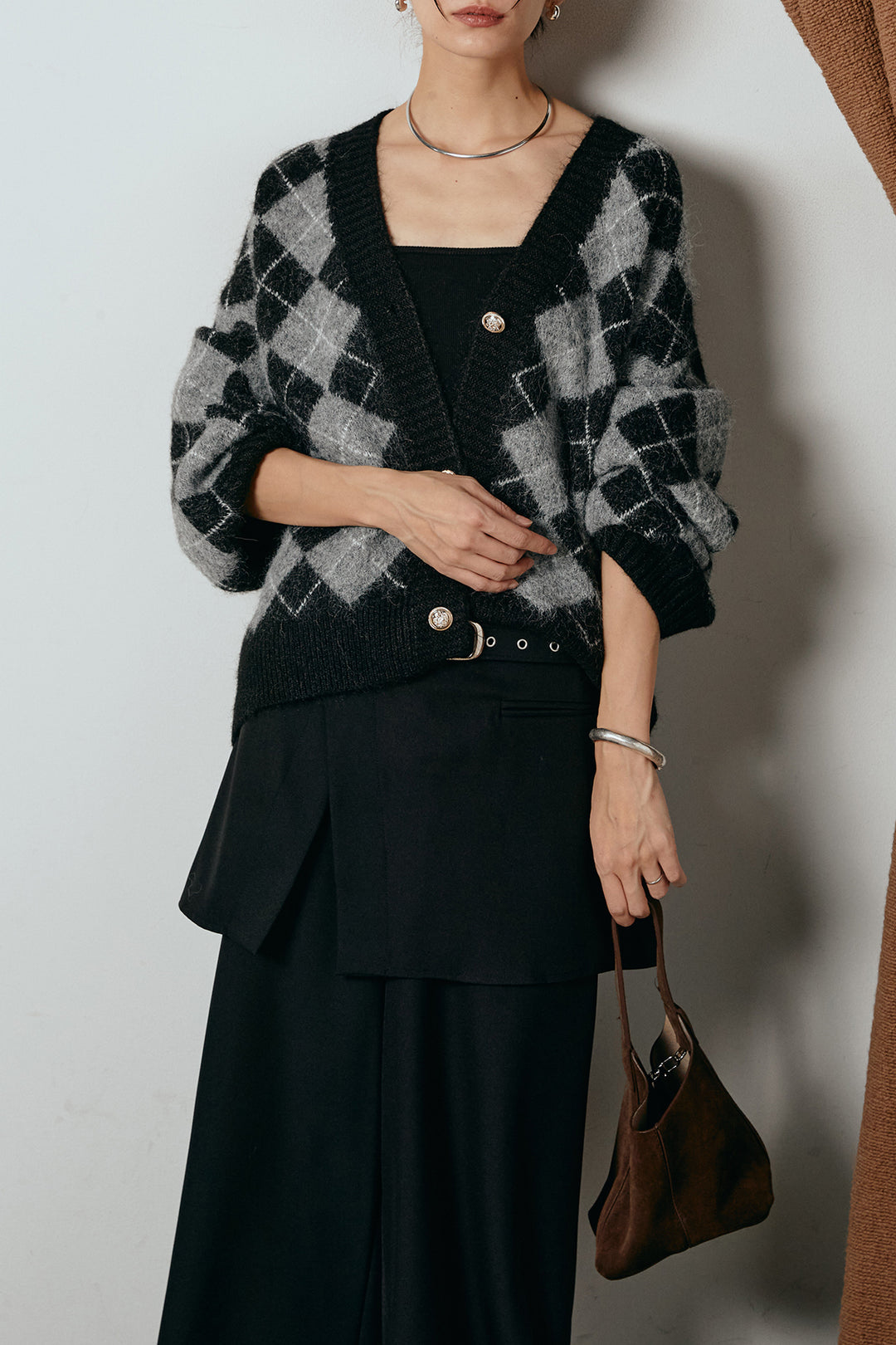 [SET]オーバーサイズ総柄Vネックニットカーディガン+ベルト付きウエストデザインパンツ(2set)