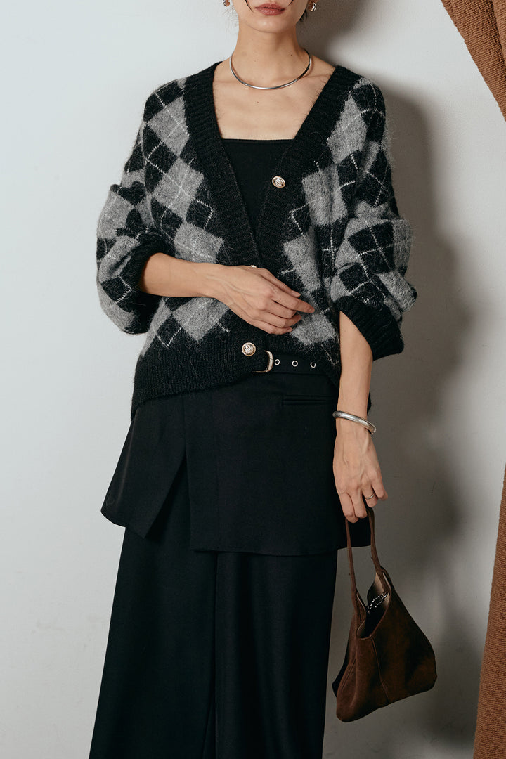 [SET]オーバーサイズ総柄Vネックニットカーディガン+ベルト付きウエストデザインパンツ(2set)