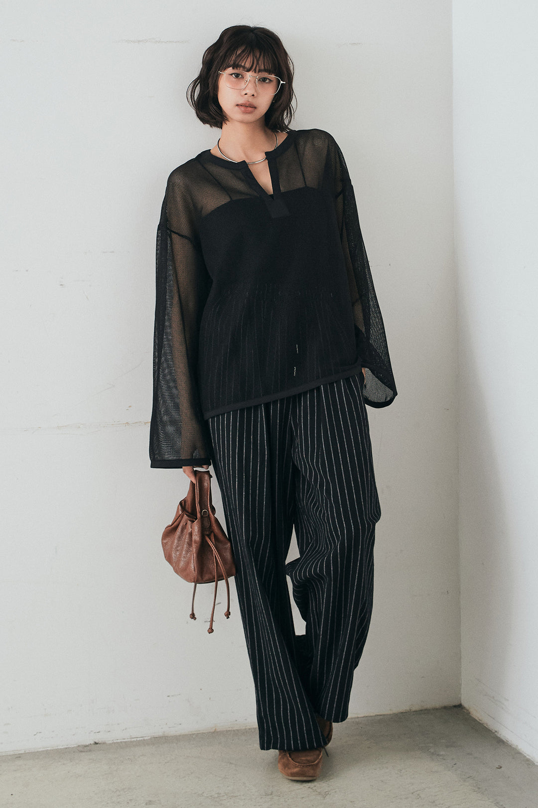 [SET]メッシュカットソースキッパープルオーバー+リネンライクストライプタックイージーパンツ(2set)