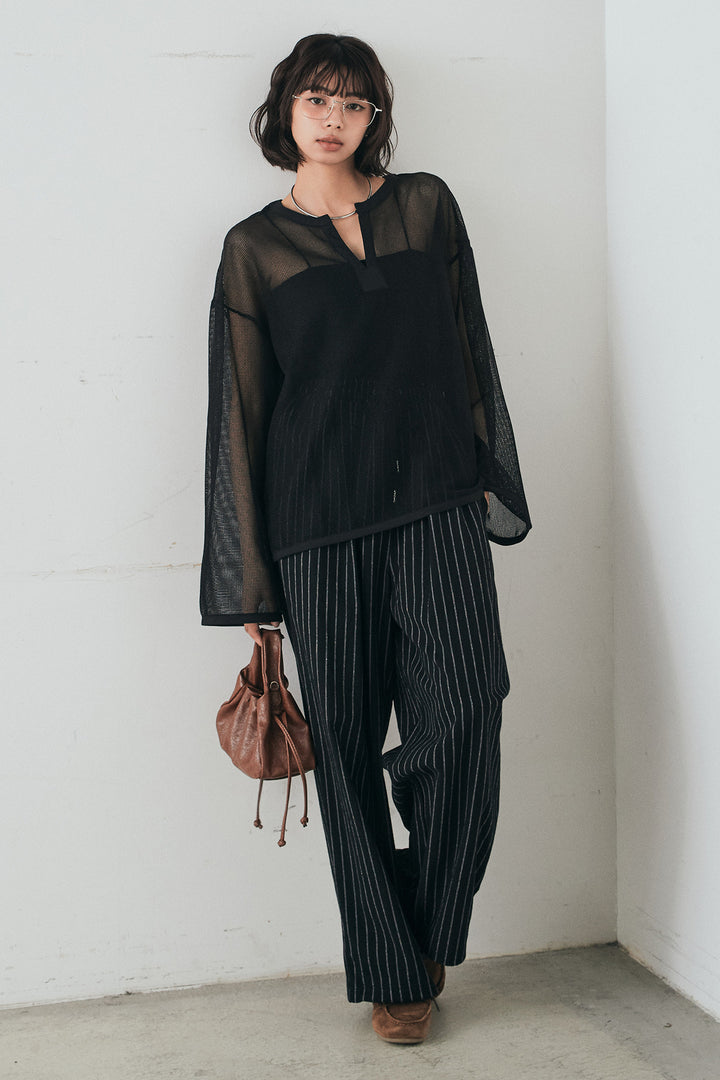 [SET]メッシュカットソースキッパープルオーバー+リネンライクストライプタックイージーパンツ(2set)